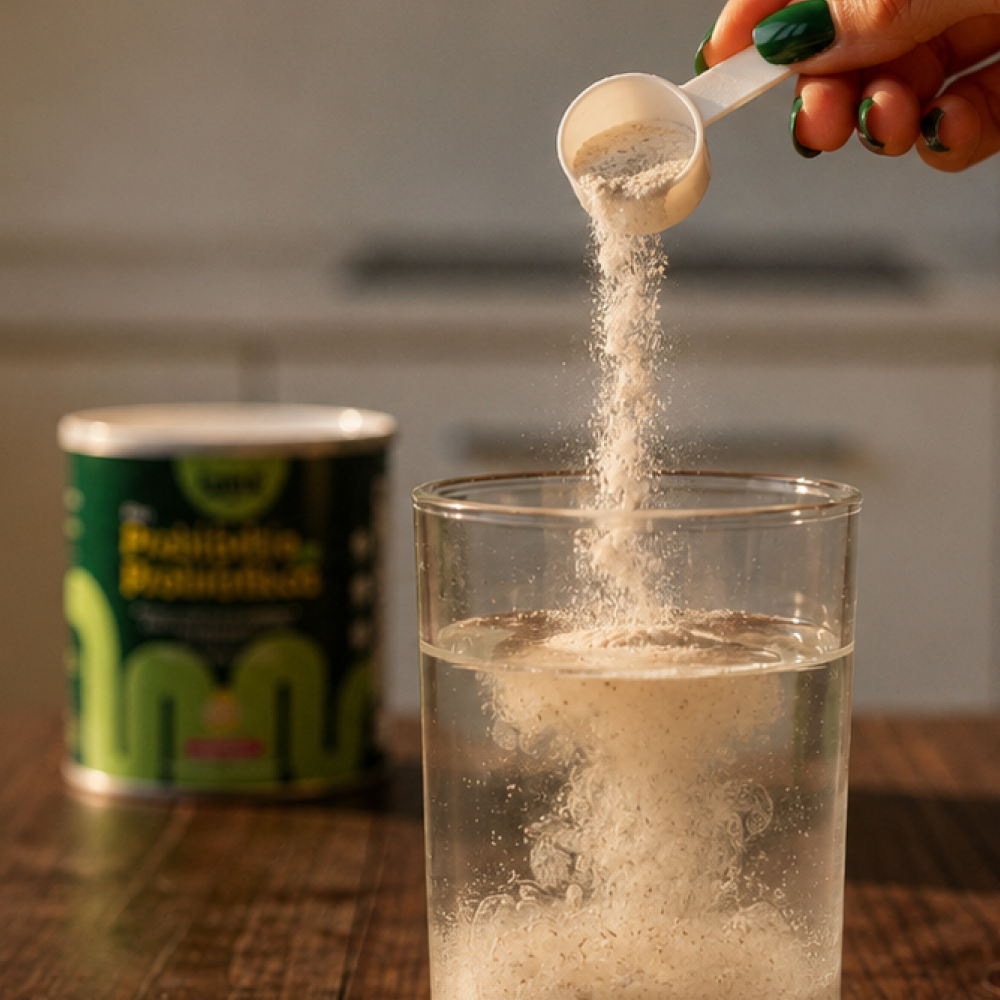 Mano vertiendo fibra Tanik en un vaso de agua con una cuchara medidora